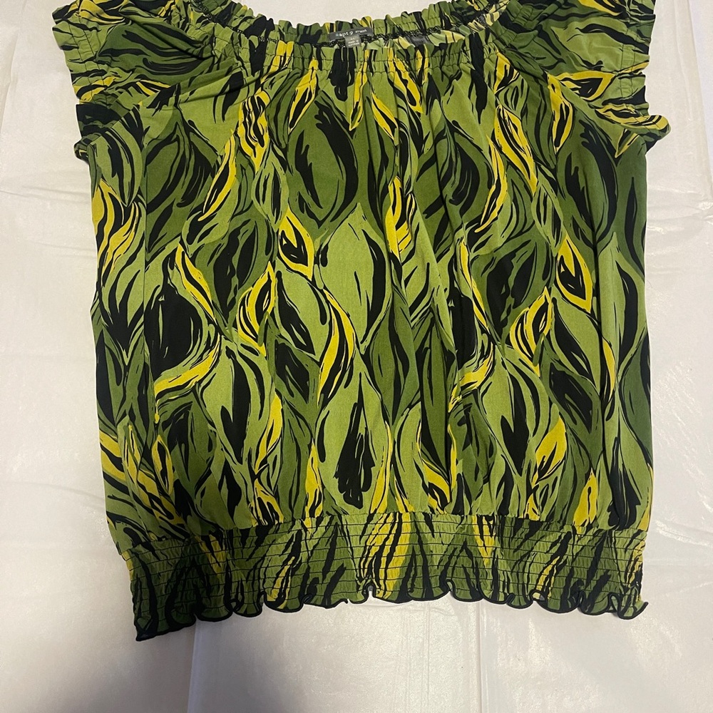 APT 9 Green/Black Blouson Knit Top "Off the shoulder” XL cruise vacation beach